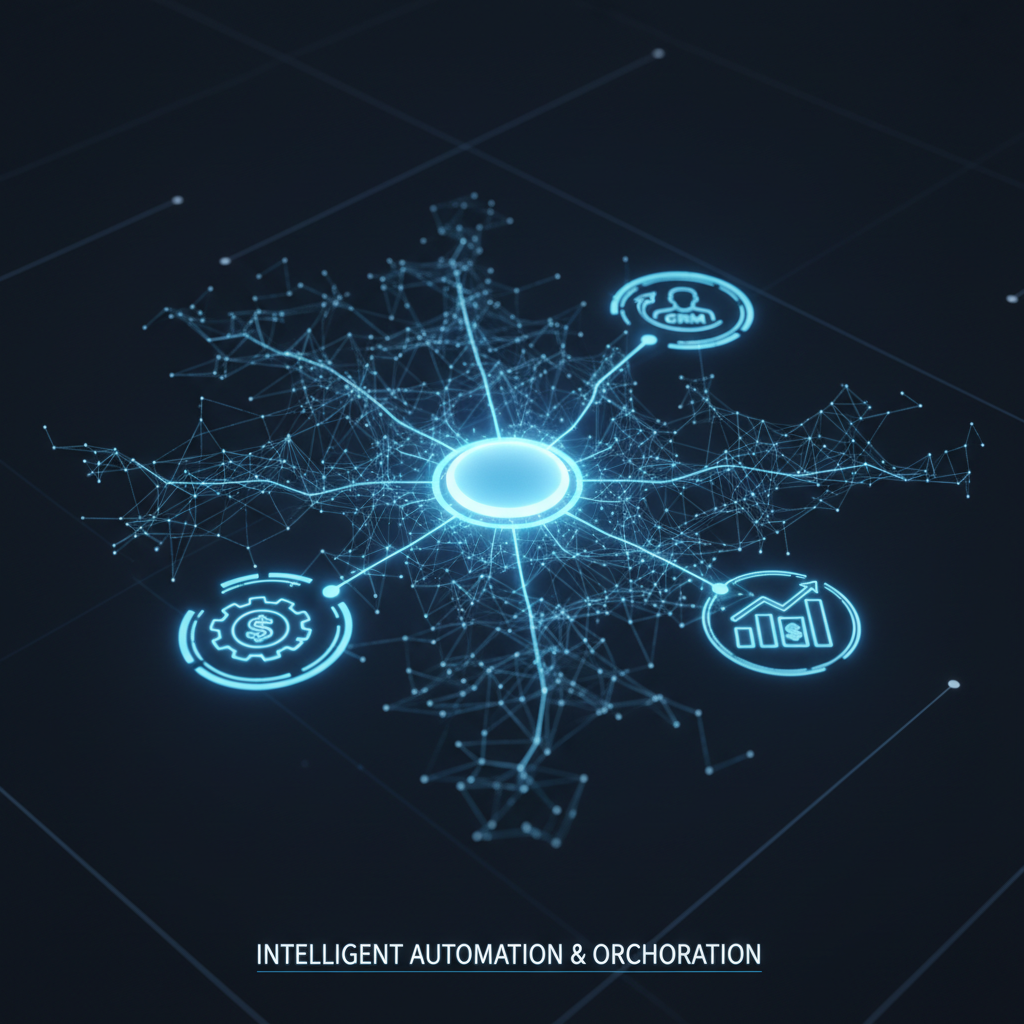 A cinematic 3D render of an abstract, glowing neural network. The central node pulsates with a soft
