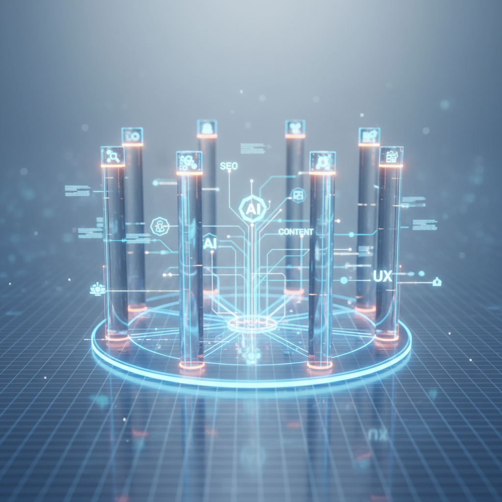 A clean, minimalist 3D render of a futuristic blueprint for a digital marketing strategy. Luminous l