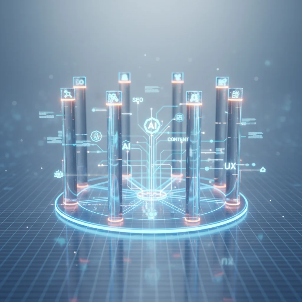 A clean, minimalist 3D render of a futuristic blueprint for a digital marketing strategy. Luminous l