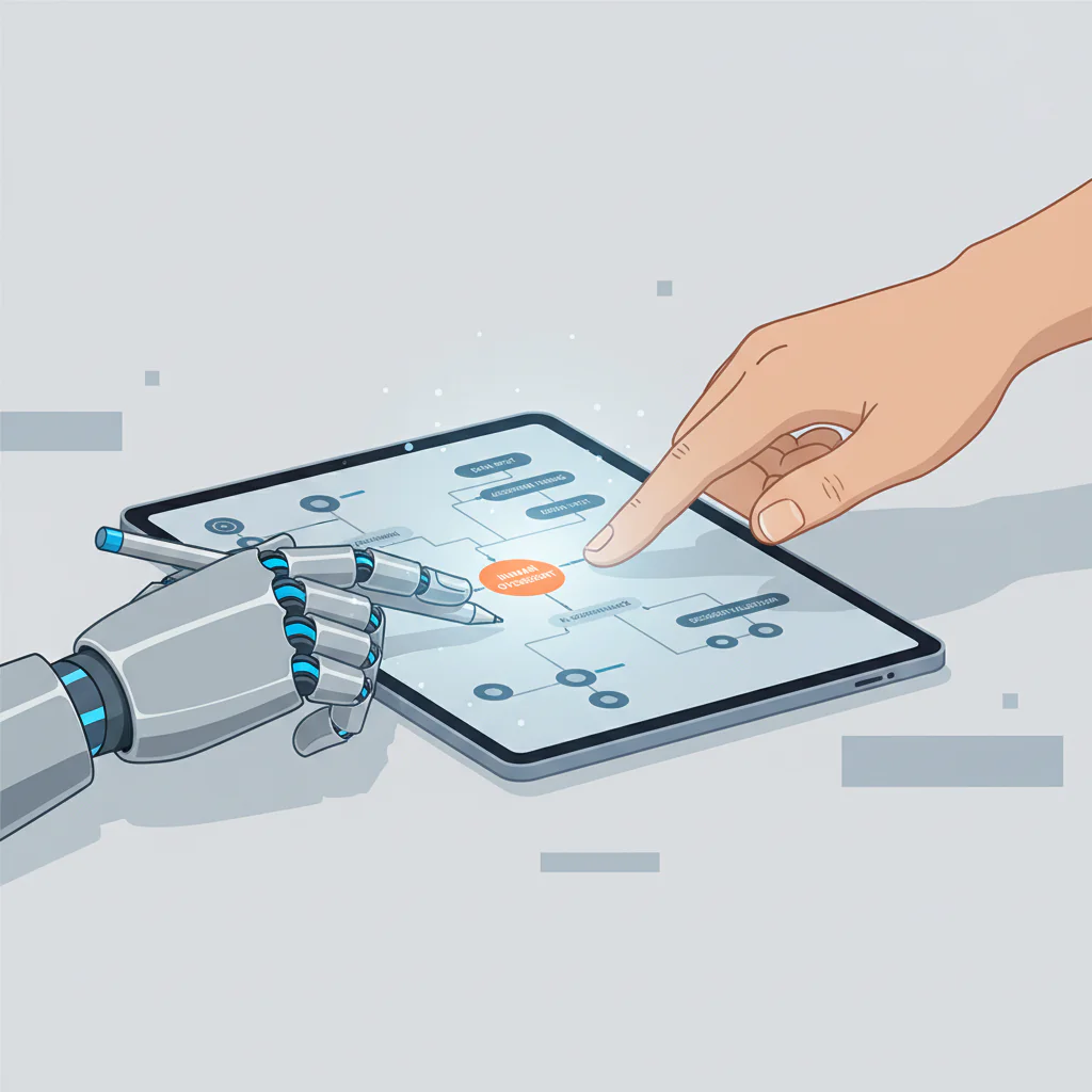 An editorial illustration showing a human hand and a robotic hand working together on a digital tabl
